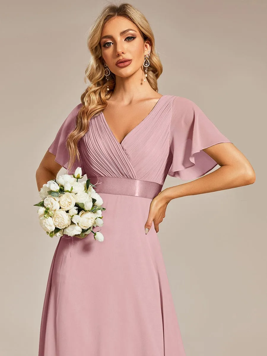 Monica | Long Empire Waist Bridesmaid Dress with Short Flutter Sleeves