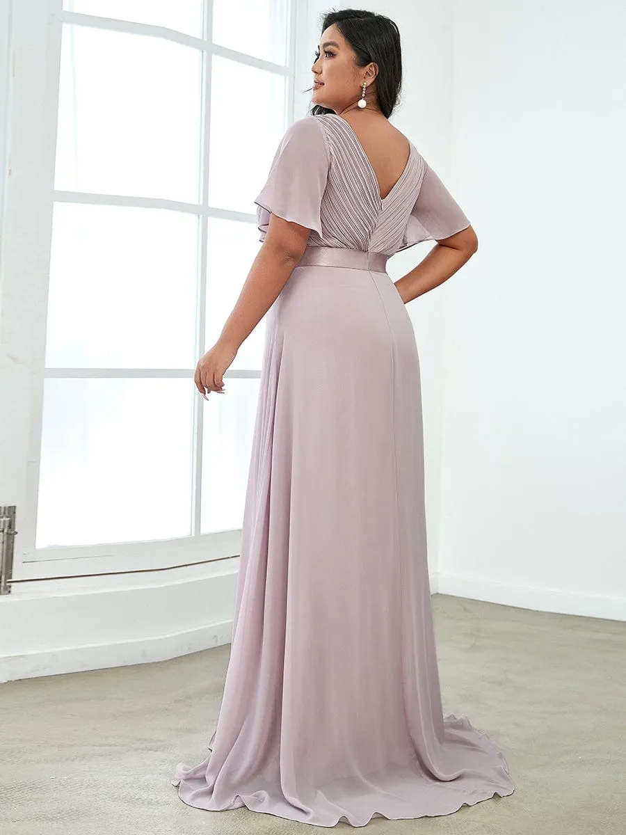 Monica | Long Empire Waist Bridesmaid Dress with Short Flutter Sleeves