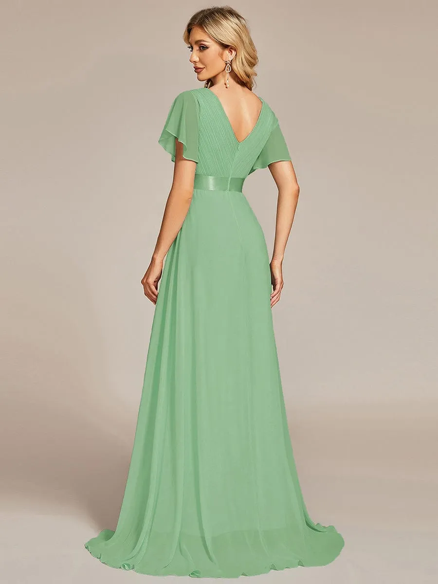 Monica | Long Empire Waist Bridesmaid Dress with Short Flutter Sleeves