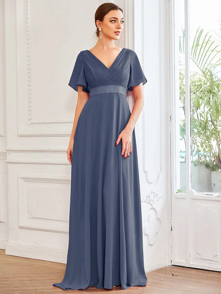 Monica | Long Empire Waist Bridesmaid Dress with Short Flutter Sleeves