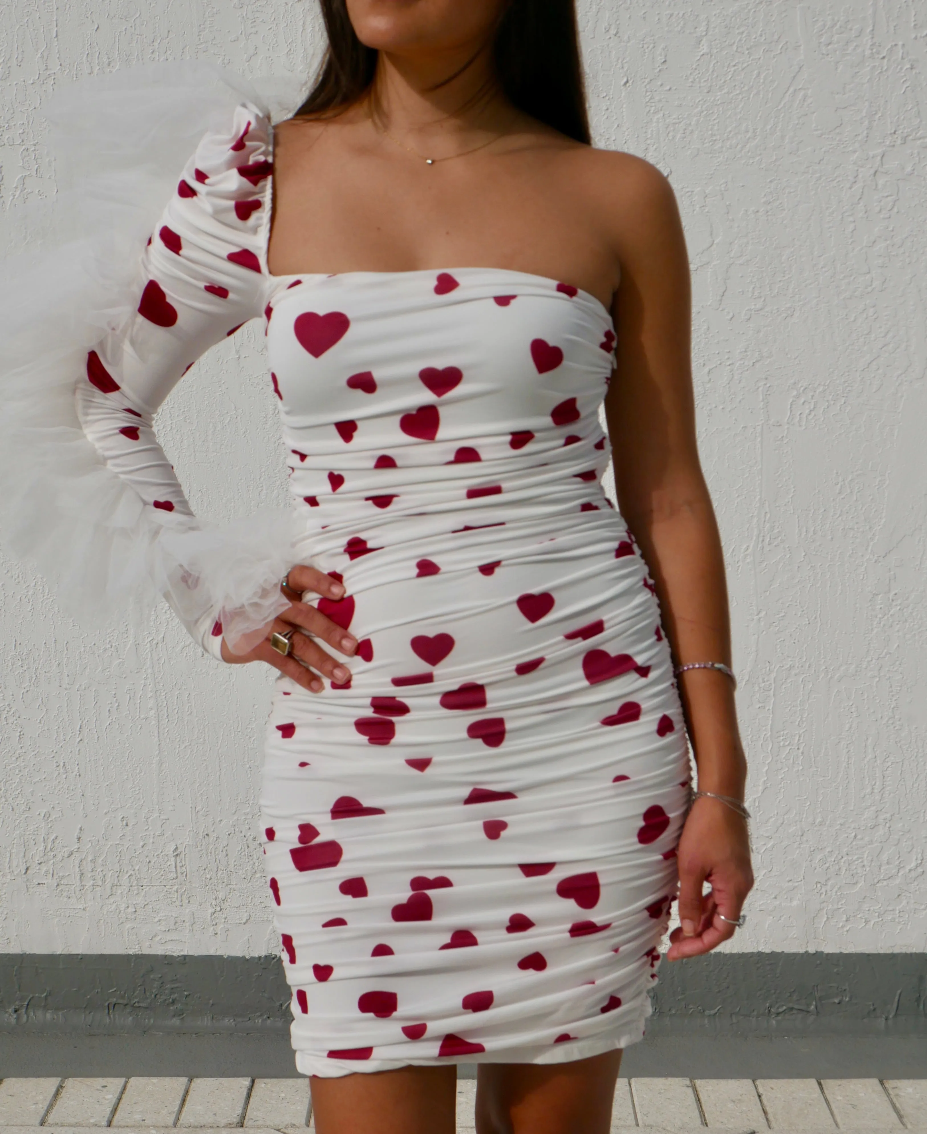 New Women's Cute Valentine's Dress With Red Hearts and Tulle Sleeve