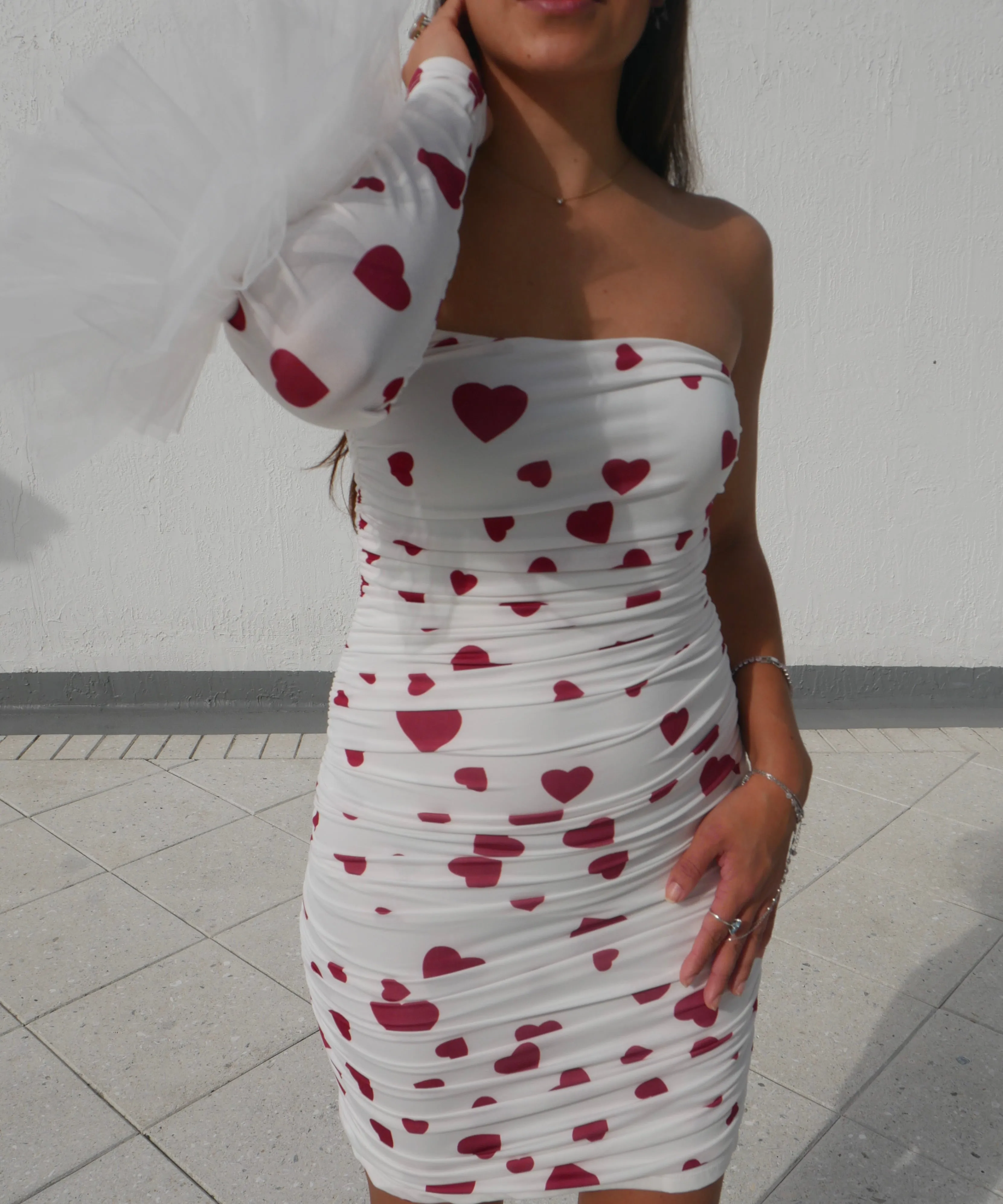 New Women's Cute Valentine's Dress With Red Hearts and Tulle Sleeve