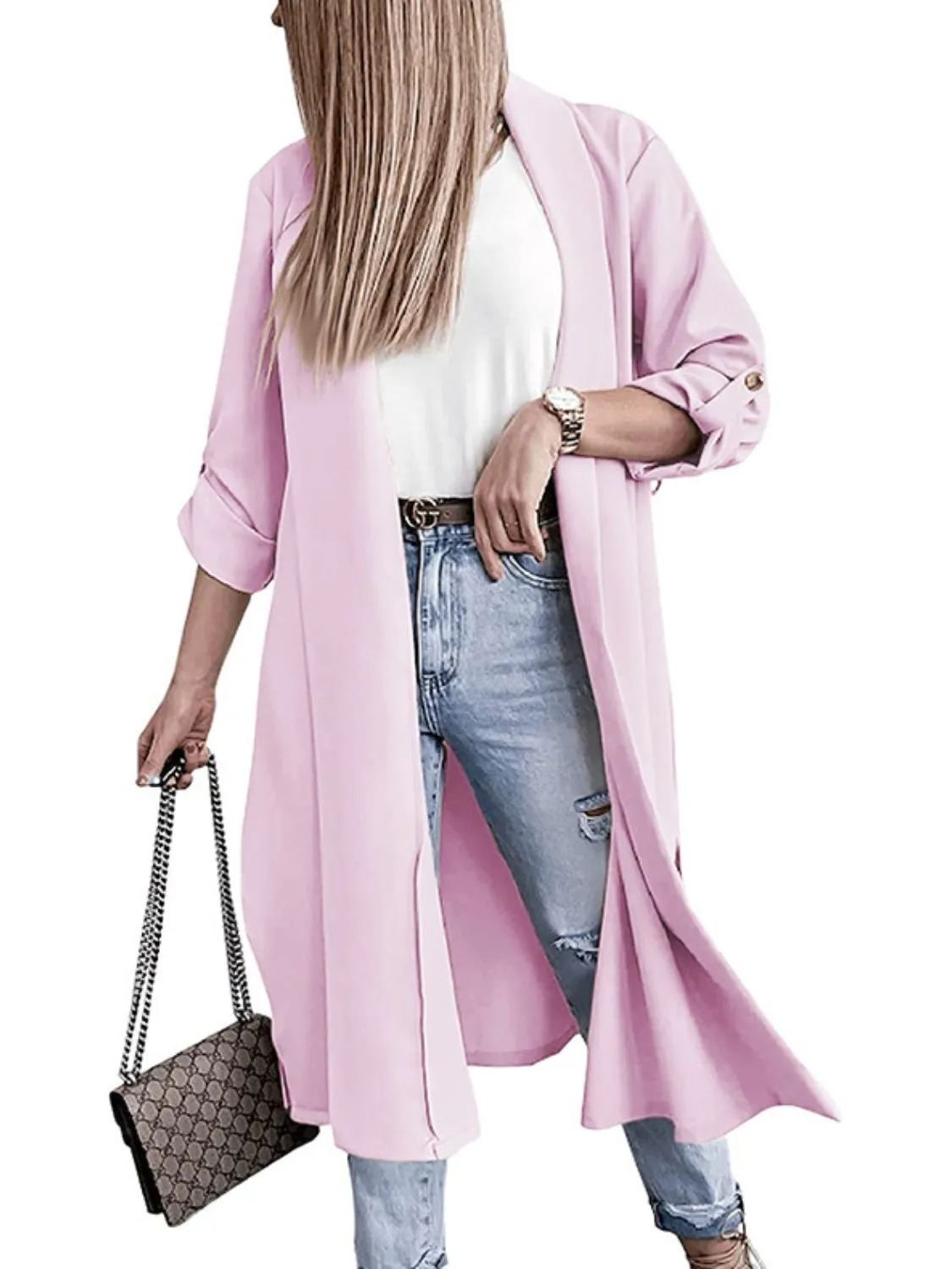 RS: Slit Open Front Roll-Tab Sleeve Trench Coat