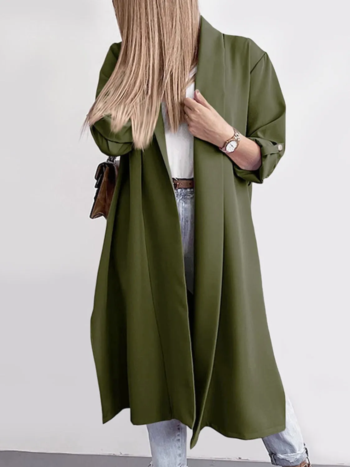 RS: Slit Open Front Roll-Tab Sleeve Trench Coat