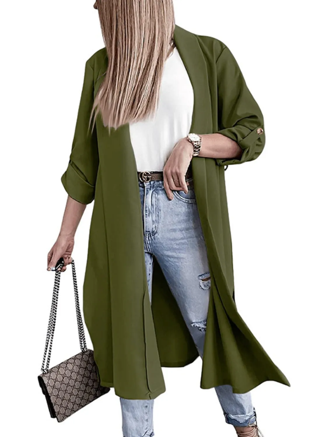 RS: Slit Open Front Roll-Tab Sleeve Trench Coat