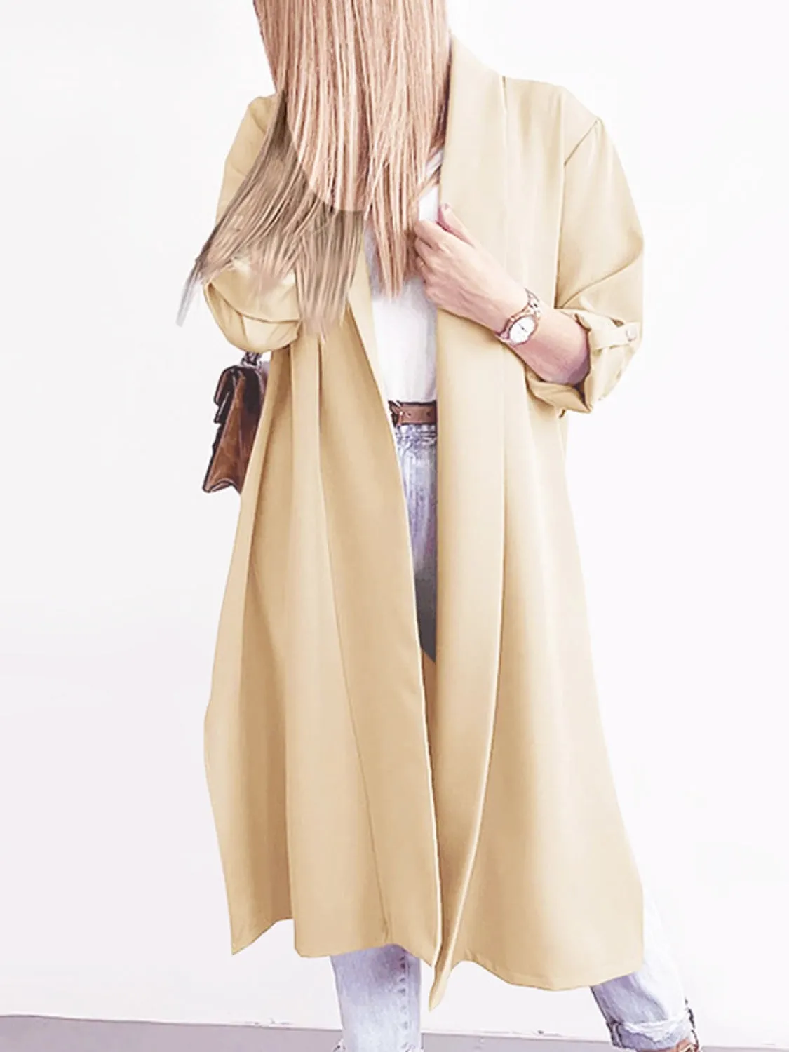 RS: Slit Open Front Roll-Tab Sleeve Trench Coat