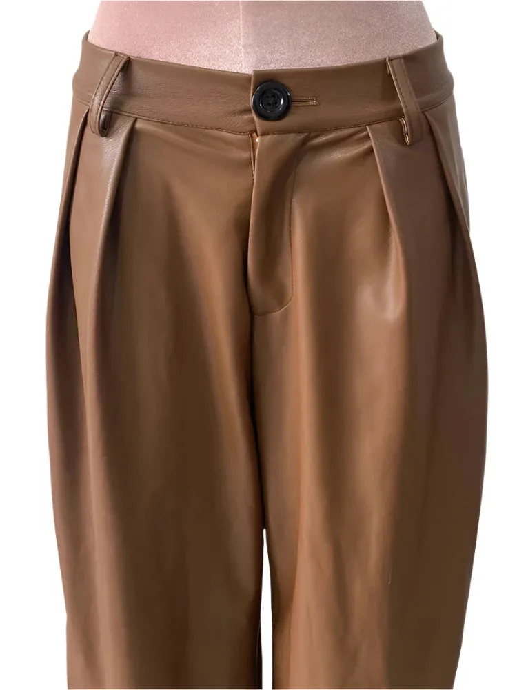 TEEK - Coffee Waterproof Brown Soft Pu Straight Pants