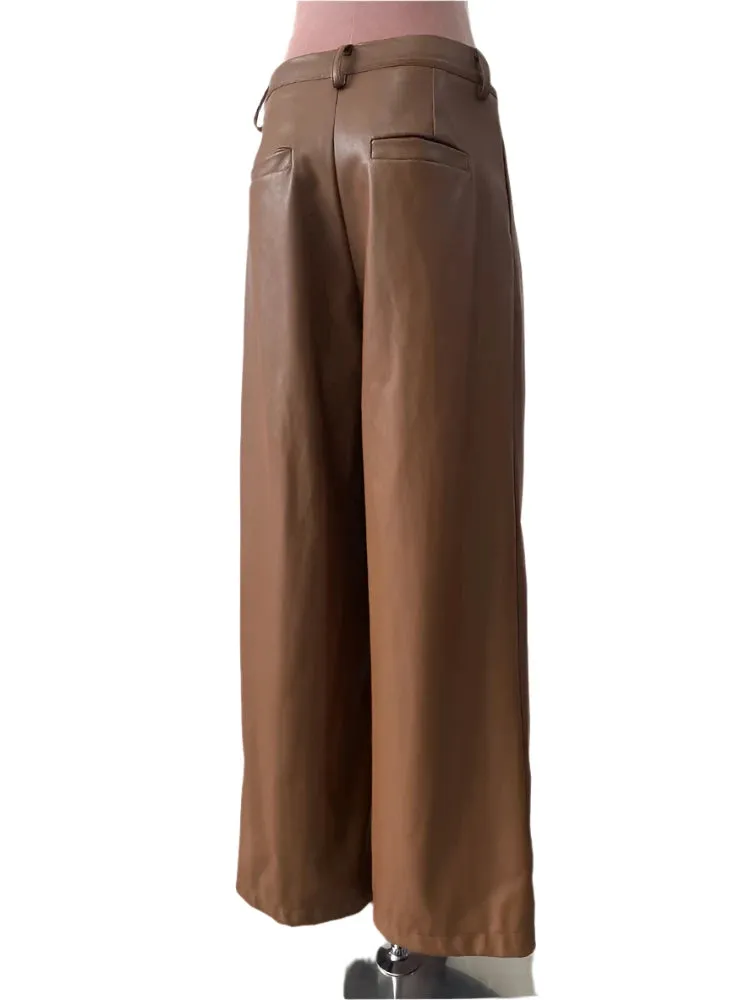 TEEK - Coffee Waterproof Brown Soft Pu Straight Pants