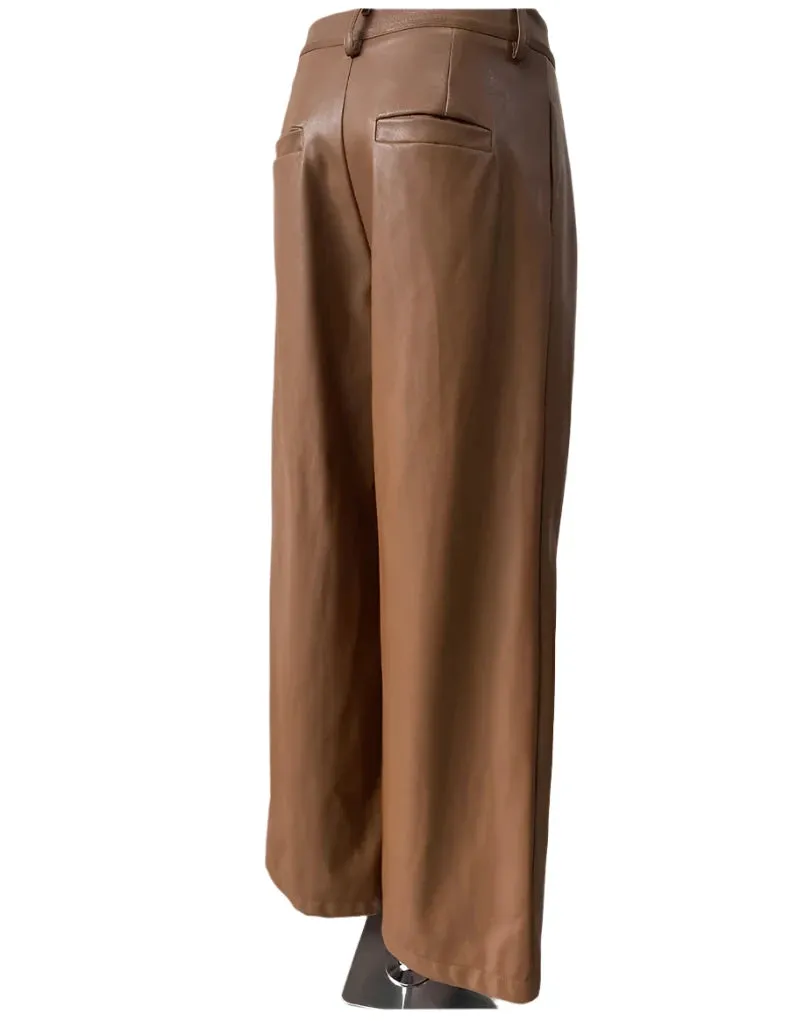 TEEK - Coffee Waterproof Brown Soft Pu Straight Pants