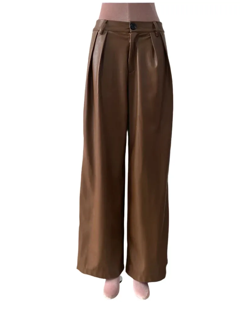 TEEK - Coffee Waterproof Brown Soft Pu Straight Pants