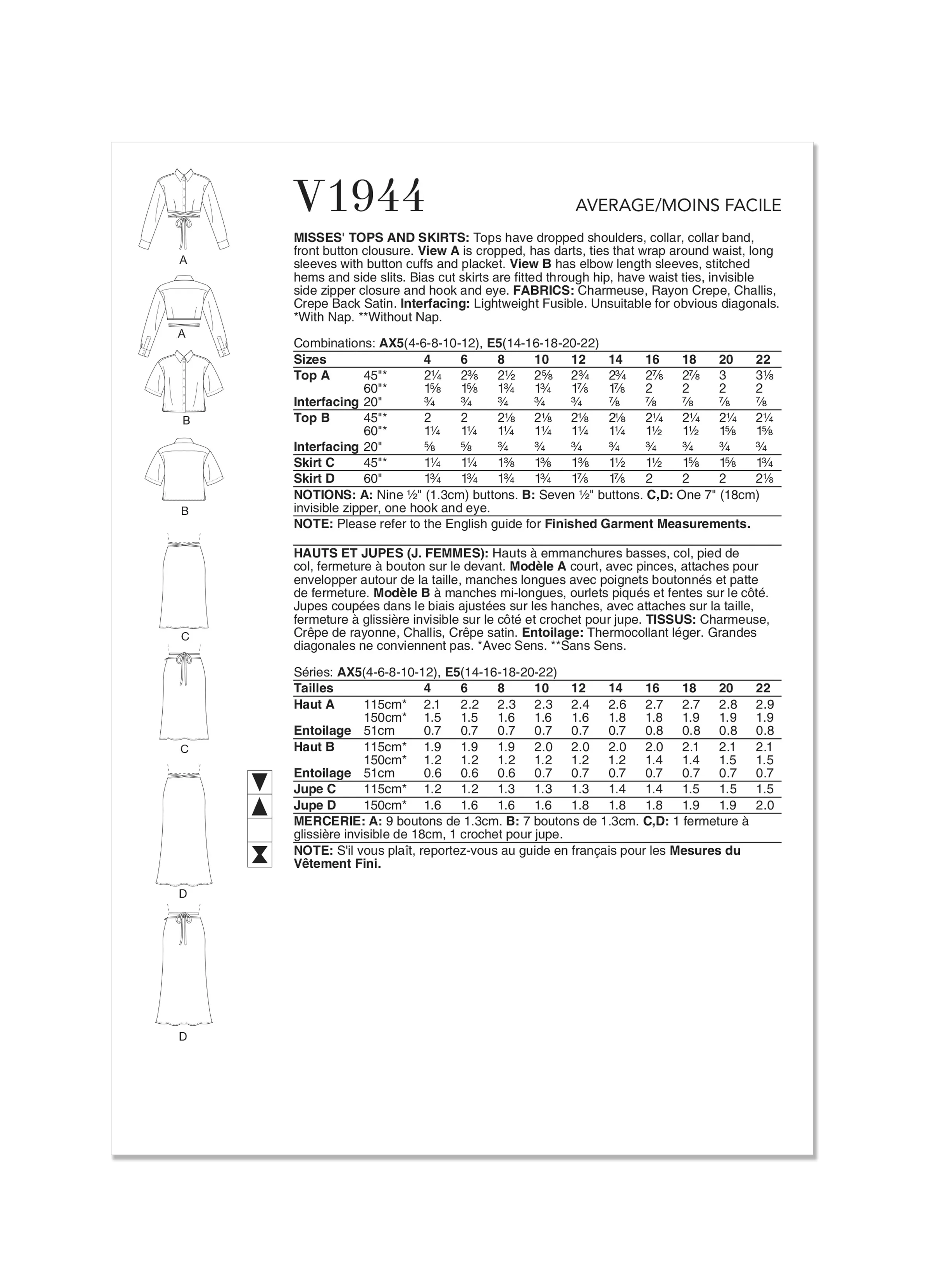 V1944 MISSES' TOPS AND SKIRTS