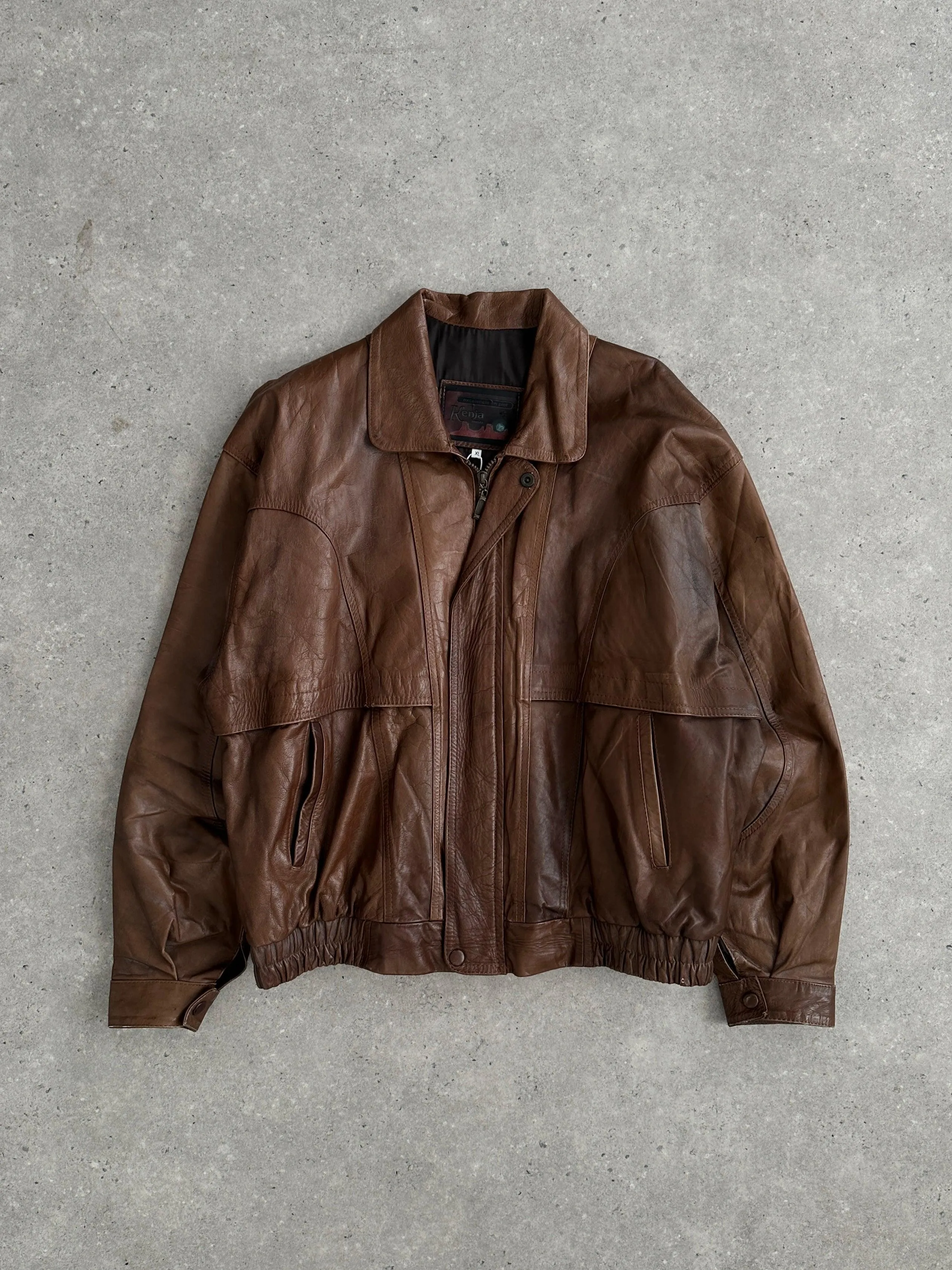 Vintage Tobacco Leather Bomber Jacket - XL