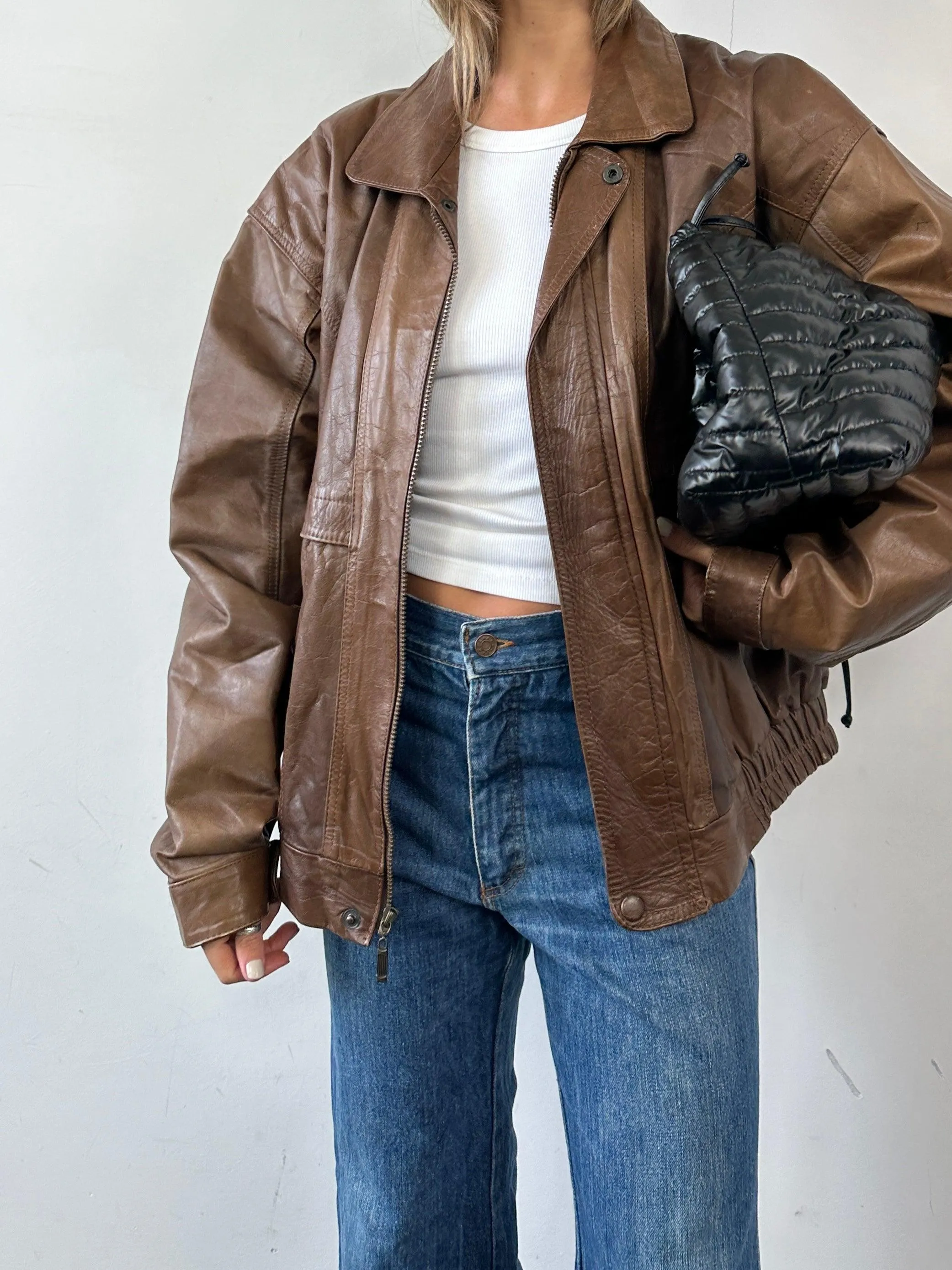 Vintage Tobacco Leather Bomber Jacket - XL