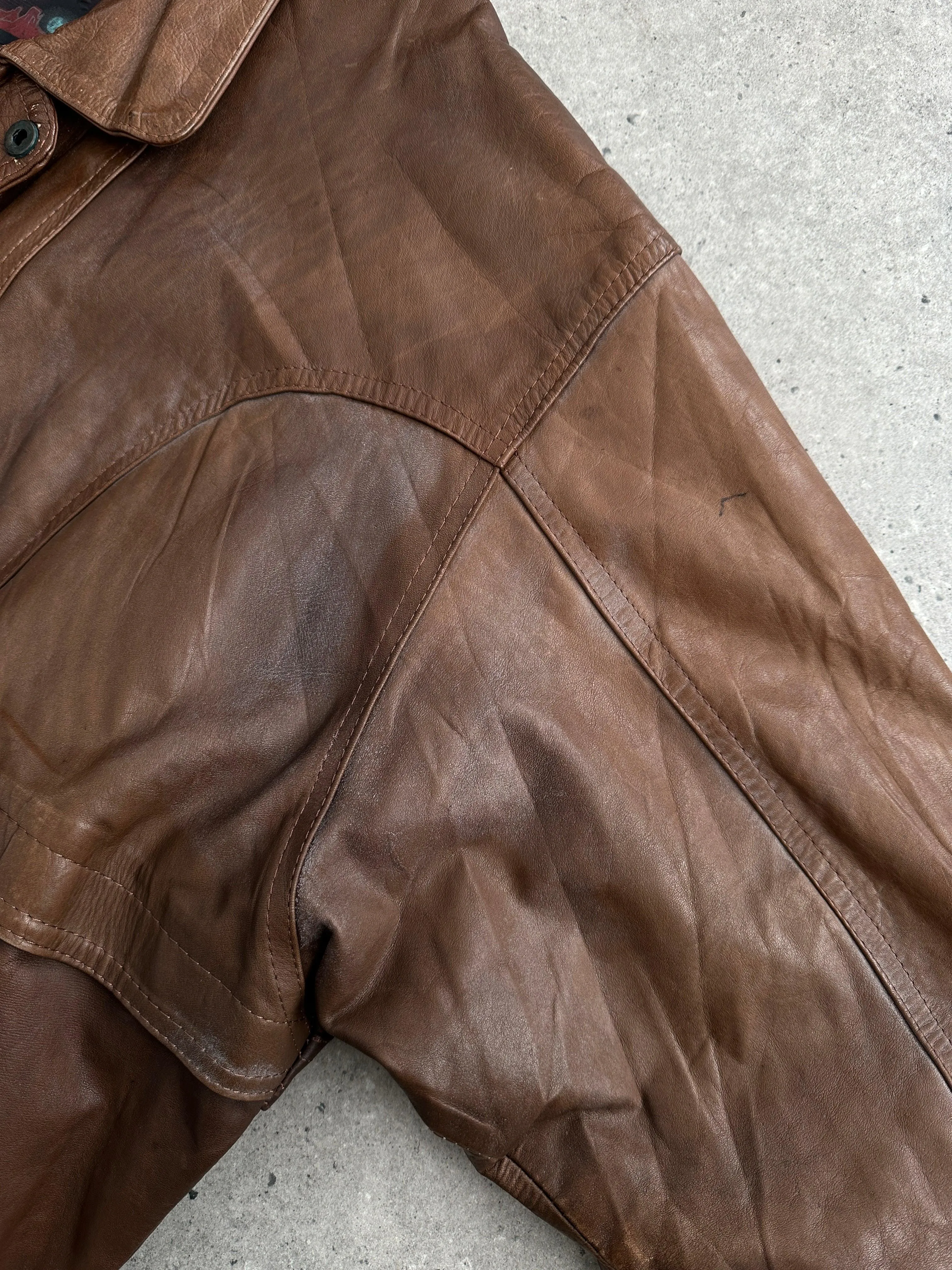 Vintage Tobacco Leather Bomber Jacket - XL