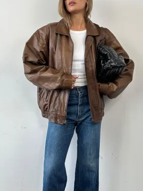 Vintage Tobacco Leather Bomber Jacket - XL