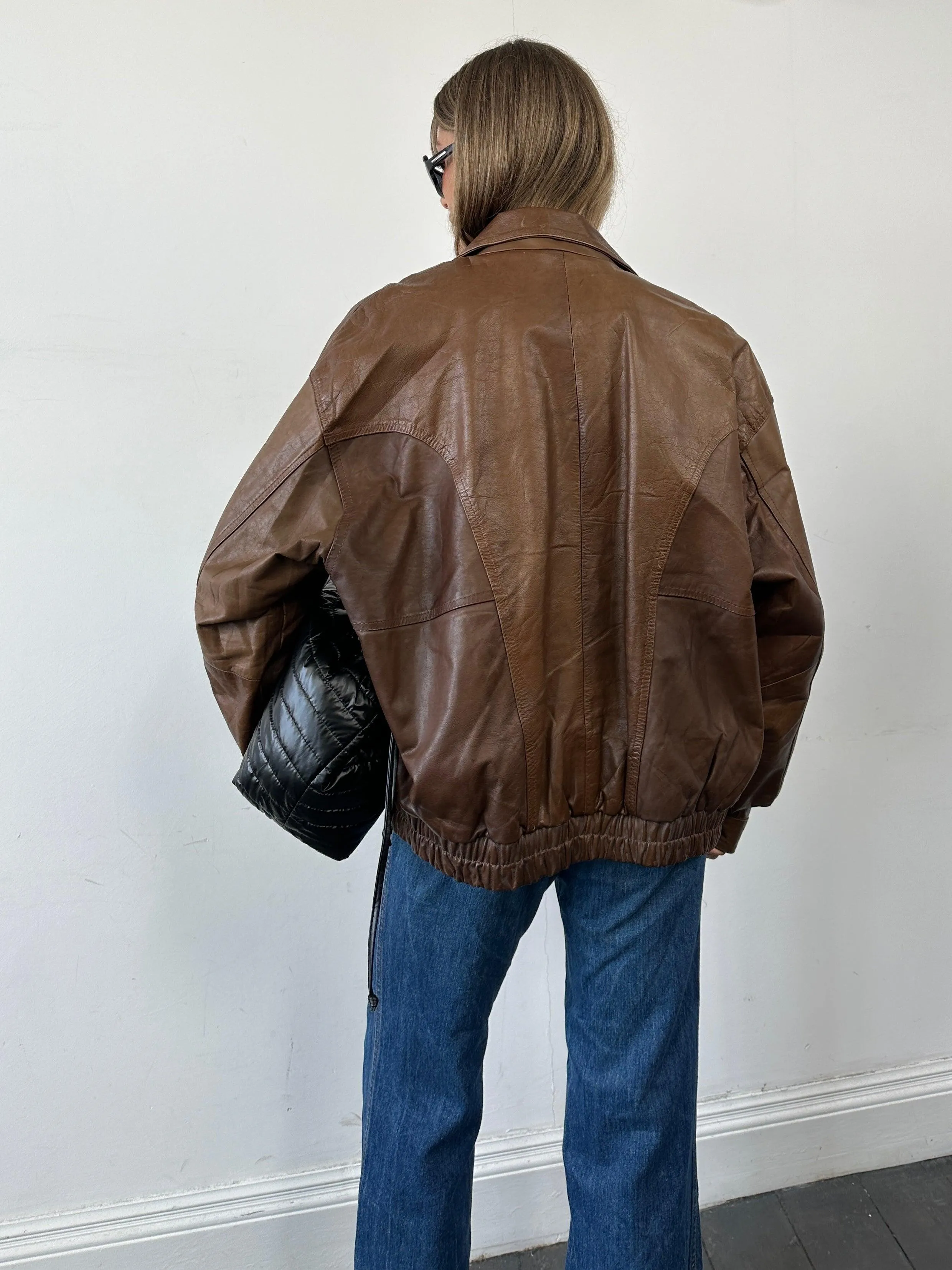 Vintage Tobacco Leather Bomber Jacket - XL