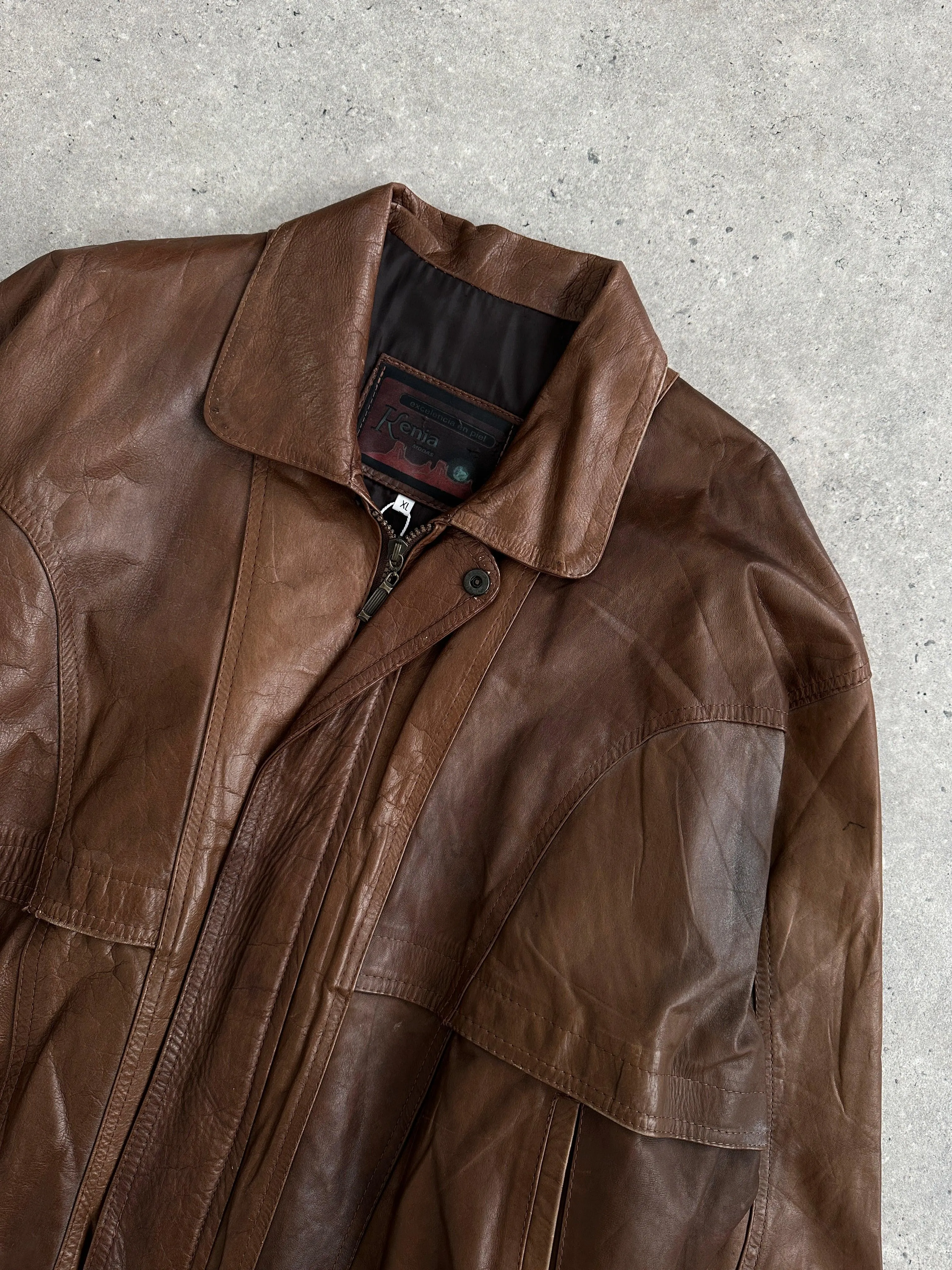 Vintage Tobacco Leather Bomber Jacket - XL