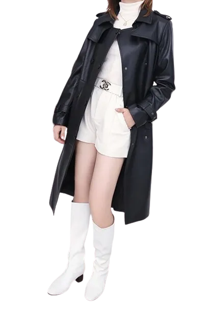 Womens Shay Genuine Lambskin Leather Long Trench Coat