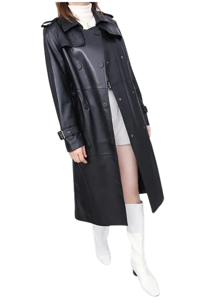 Womens Shay Genuine Lambskin Leather Long Trench Coat