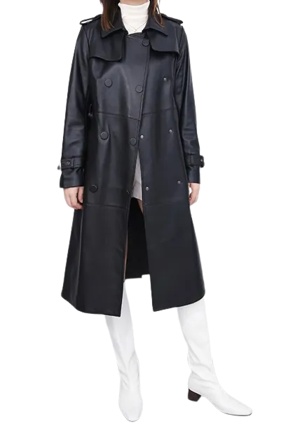 Womens Shay Genuine Lambskin Leather Long Trench Coat