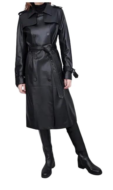 Womens Shay Genuine Lambskin Leather Long Trench Coat